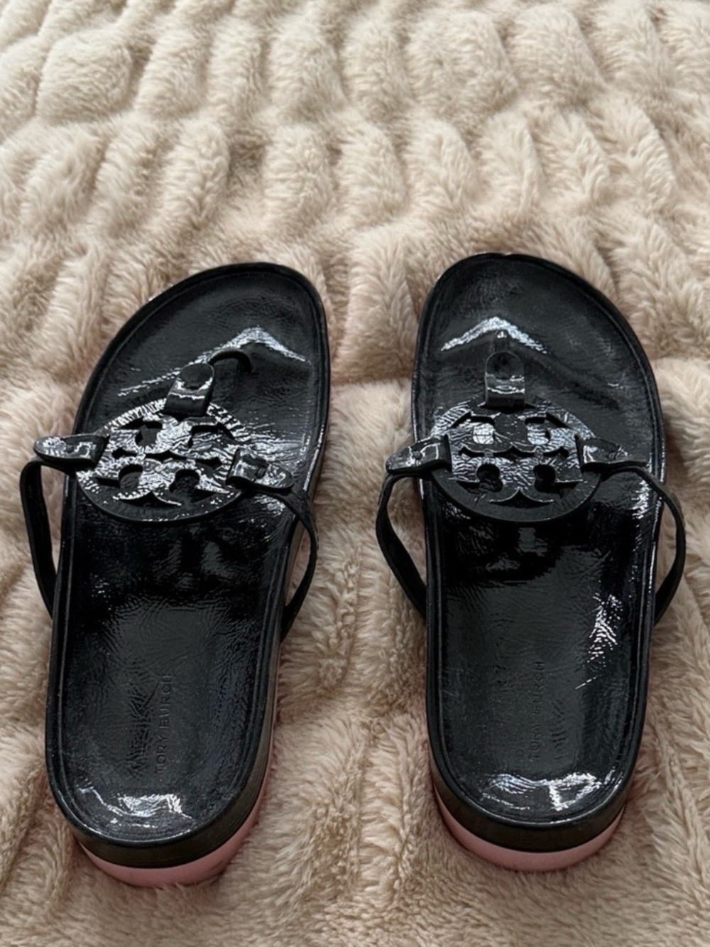 Tory Burch Black Patent Thong Sandal with Pink Serrated Platform only worn once